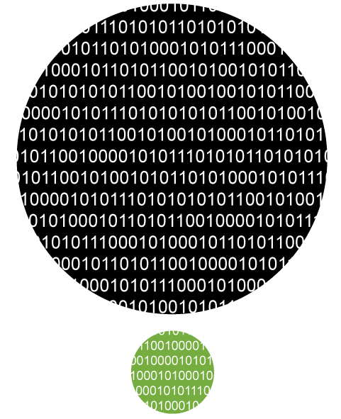 Abstract graphic. 2 circles filled with binary, representing a large web app, and a small web app